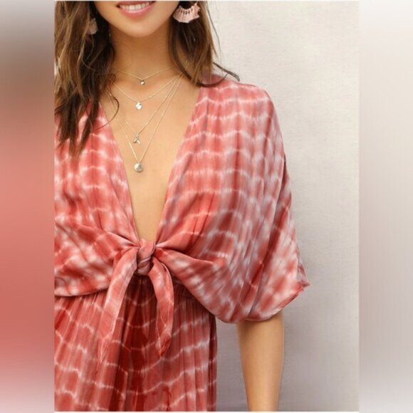 Plunging Neck Knot Front Tie Dye Palazzo Jumpsuit - Picture 3 of 6